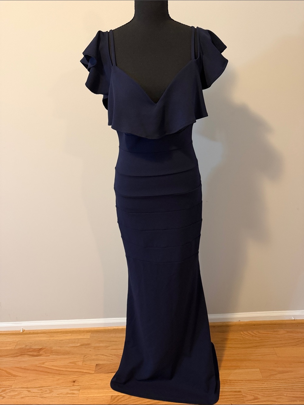 Emerald Sundae Navy Ruffled V-Neck Maxi Gown - Picture 2 of 6